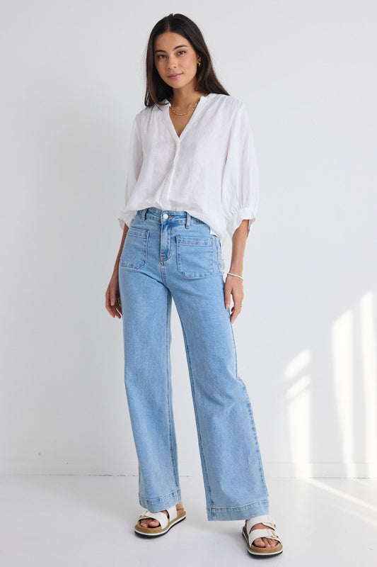 AMONG THE BRAVE ZOEY LIGHT BLUE HIGH RISE WIDE LEG POCKET JEAN - THE VOGUE STORE