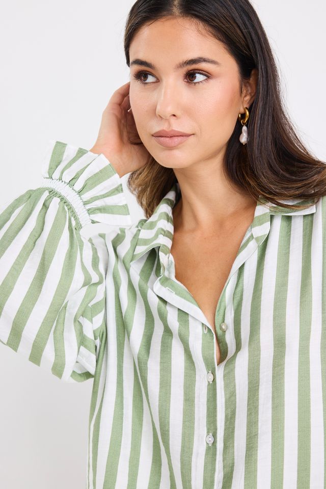 BY ROSA CONNECTION DROP SHOULDER LS SHIRT - MOSS STRIPE - THE VOGUE STORE