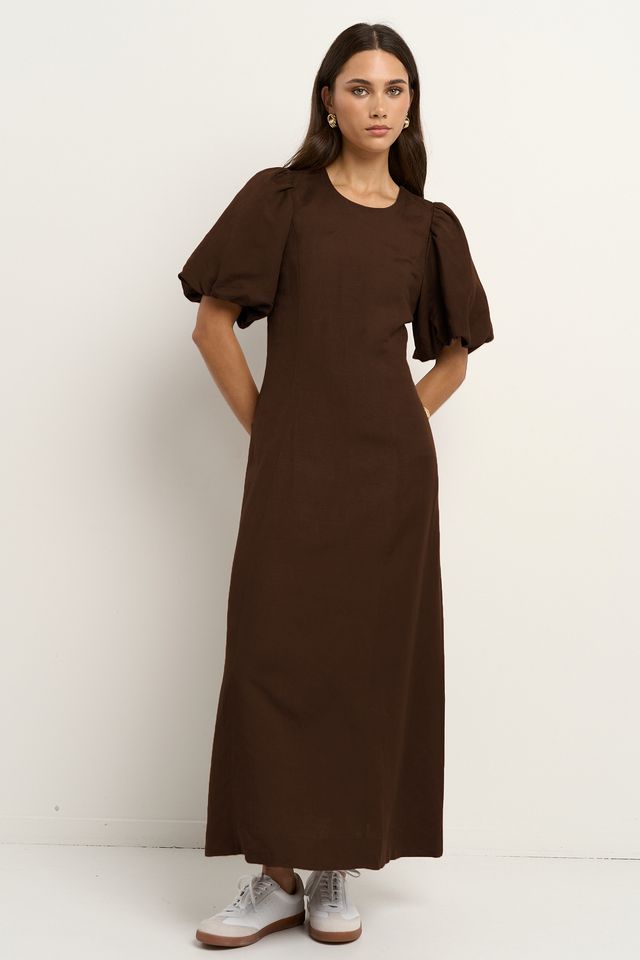 RE:UNION INDULGENT PUFF SLEEVE RELAXED MIDI DRESS - CHOCOLATE - THE VOGUE STORE
