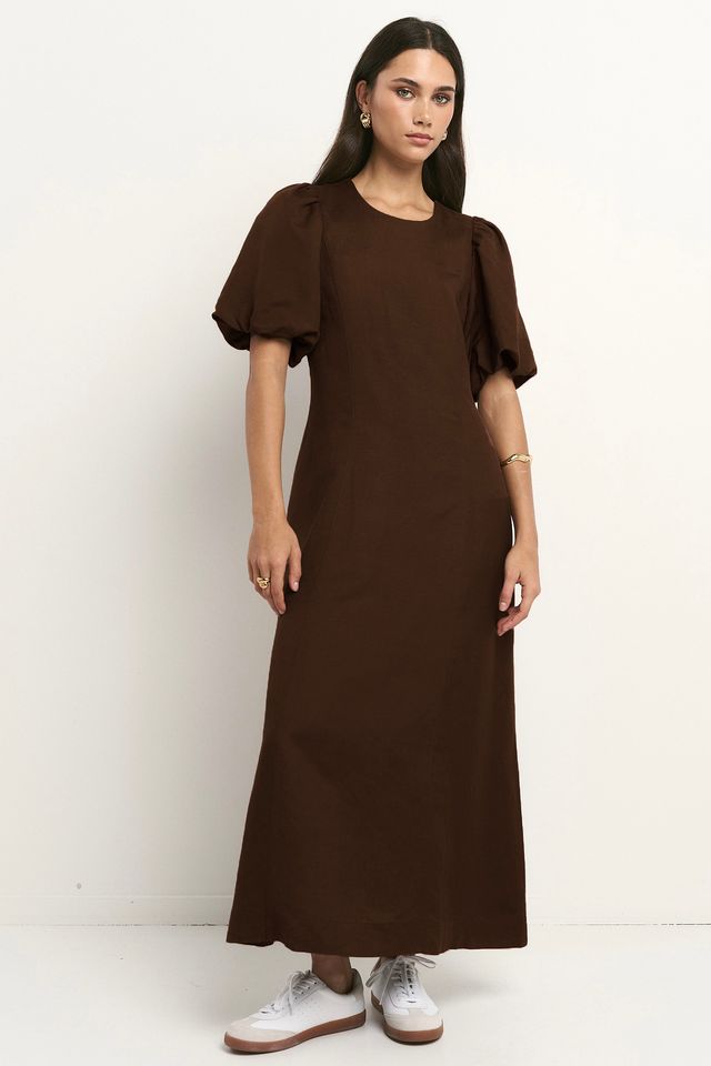 RE:UNION INDULGENT PUFF SLEEVE RELAXED MIDI DRESS - CHOCOLATE - THE VOGUE STORE