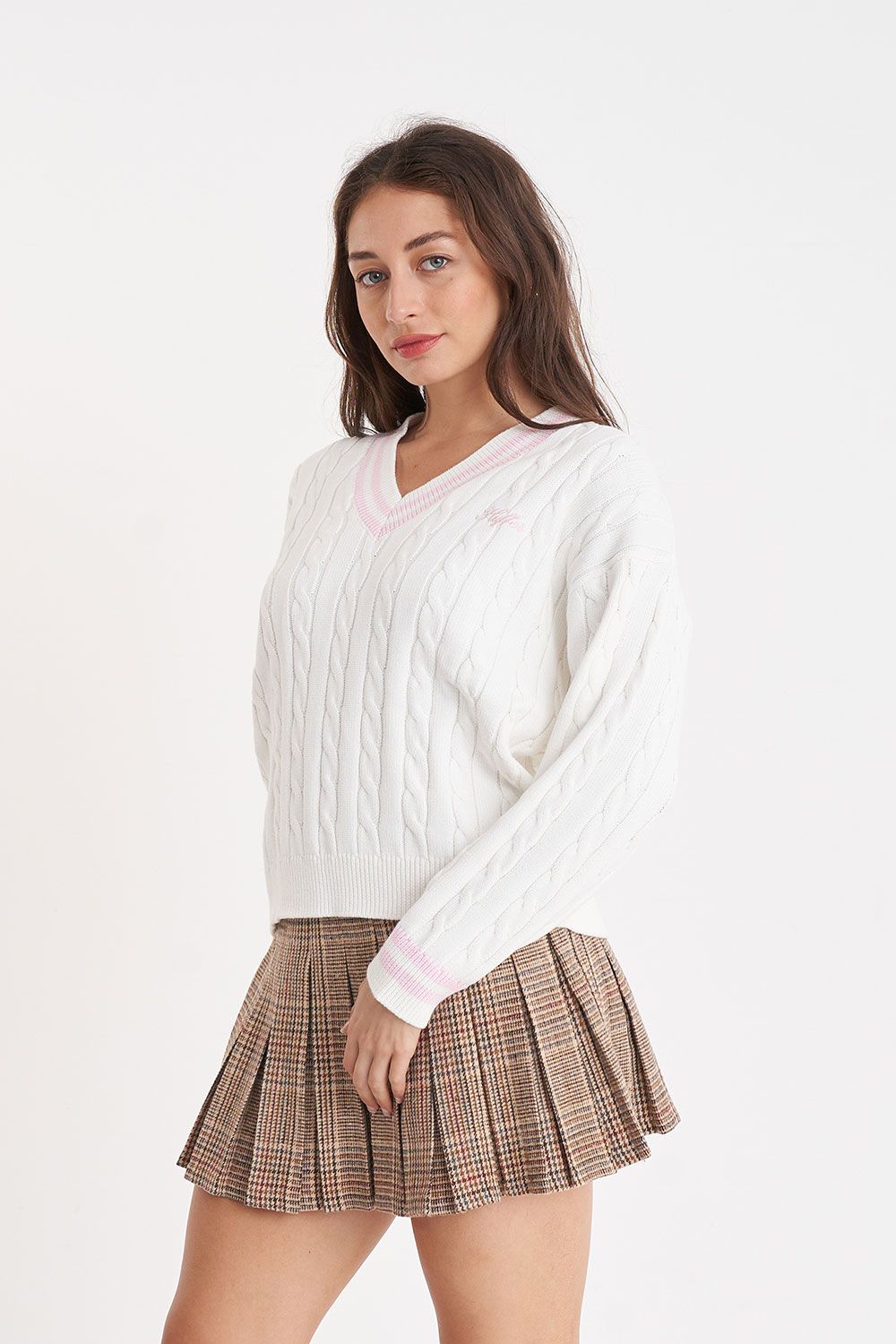 HUFFER V-NECK CABLE KNIT SWEATER - CHALK - THE VOGUE STORE