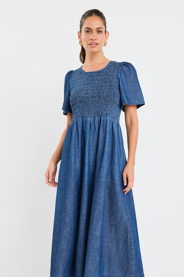 RE:UNION WREN COTTON SS SHIRRED BODICE MIDI DRESS - STORM BLUE - THE VOGUE STORE
