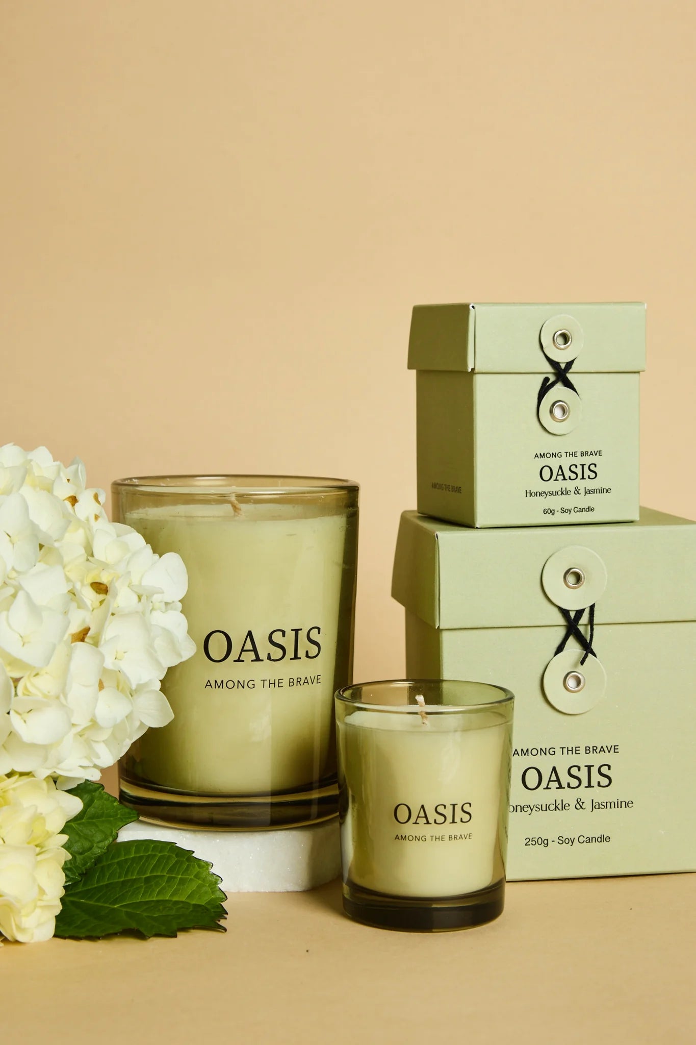 AMONG THE BRAVE OASIS HONEYSUCKLE JASMINE 250G SOY CANDLE GREEN - THE VOGUE STORE