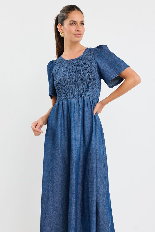 RE:UNION WREN COTTON SS SHIRRED BODICE MIDI DRESS - STORM BLUE - THE VOGUE STORE
