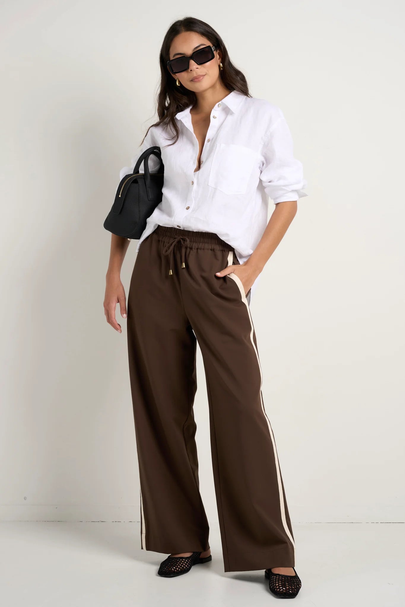 STORIES TO BE TOLD TOWNIE STRIPE SIDE TAPE WIDE LEG PANTS - CHOCOLATE - THE VOGUE STORE