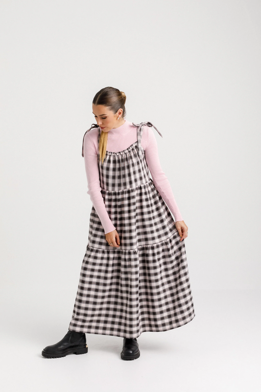 THING THING TIE UP ZIGGY DRESS - SOFT PINK CHECK - THE VOGUE STORE