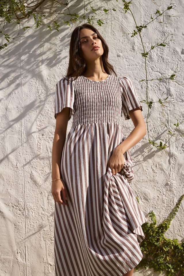 RE:UNION WREN COTTON SS SHIRRED BODICE MIDI DRESS - CHOCOLATE STRIPE - THE VOGUE STORE