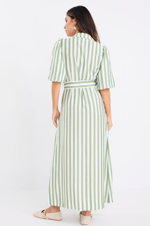 BY ROSA KINDRED PUFF SLEEVE MIDI SHIRT DRESS - MOSS STRIPE - THE VOGUE STORE