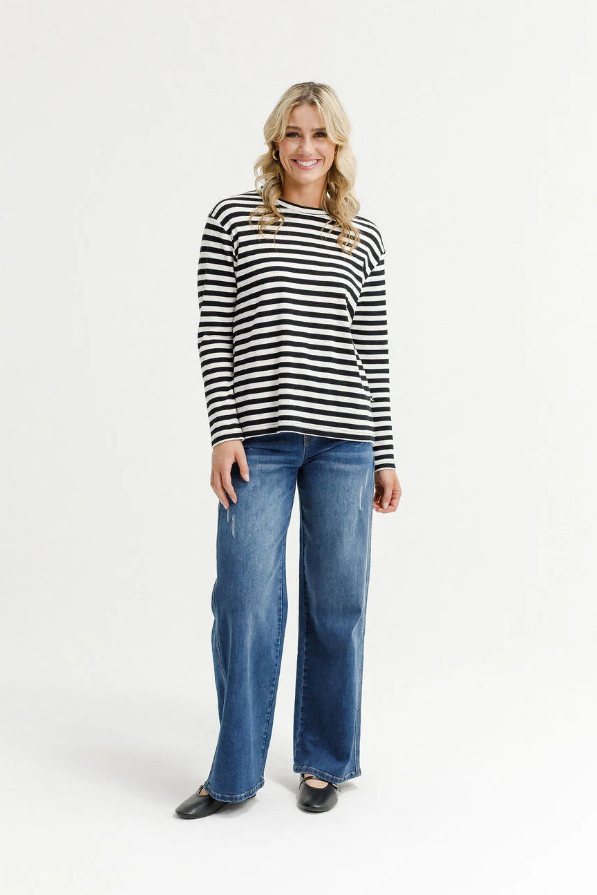 HOMELEE L/S CHRIS TEE - BLACK & WHITE WAFFLE STRIPES - THE VOGUE STORE