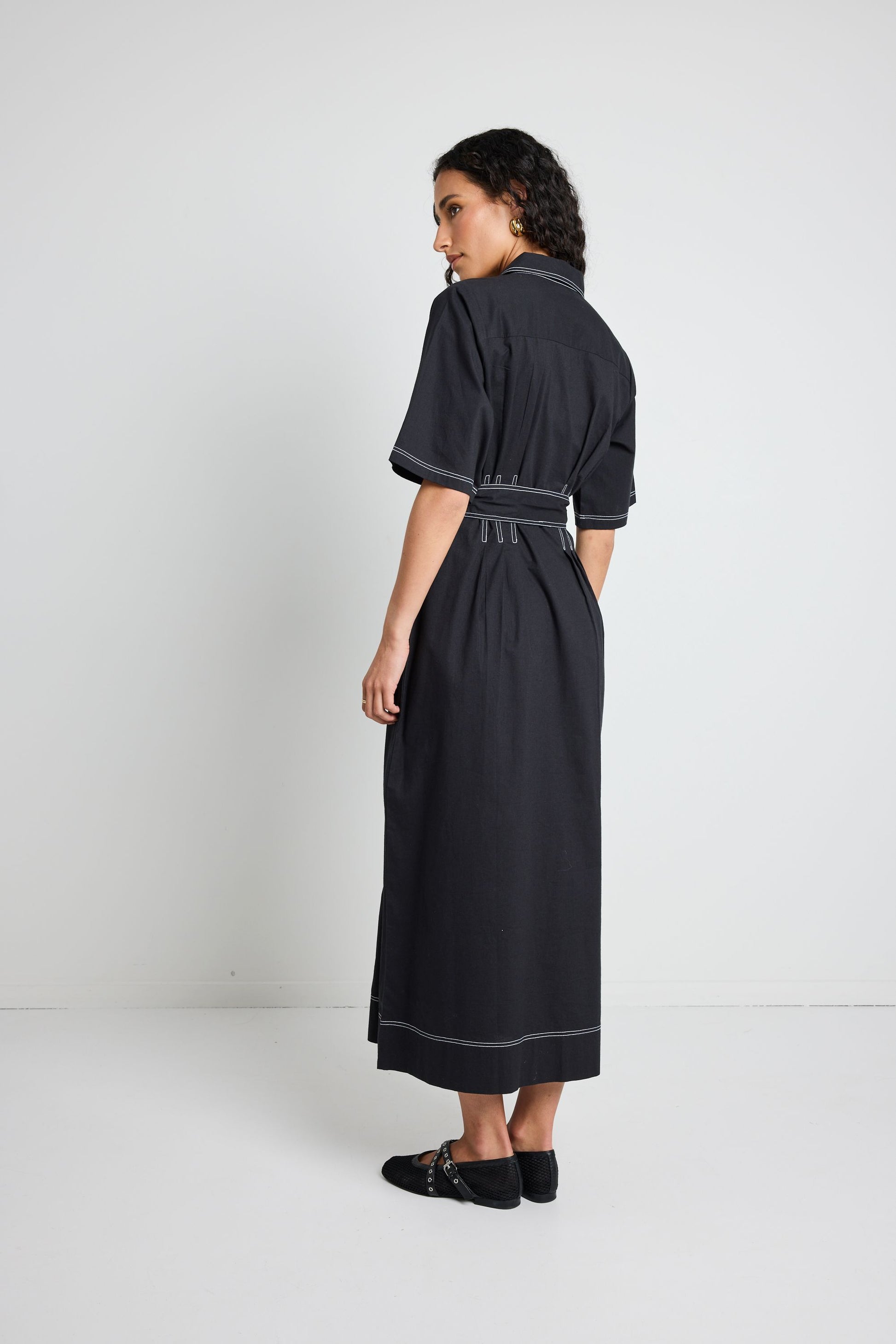 AMONG THE BRAVE SERVICE BLACK COTTON SHORT SLEEVE MIDI SHIRT DRESS - THE VOGUE STORE