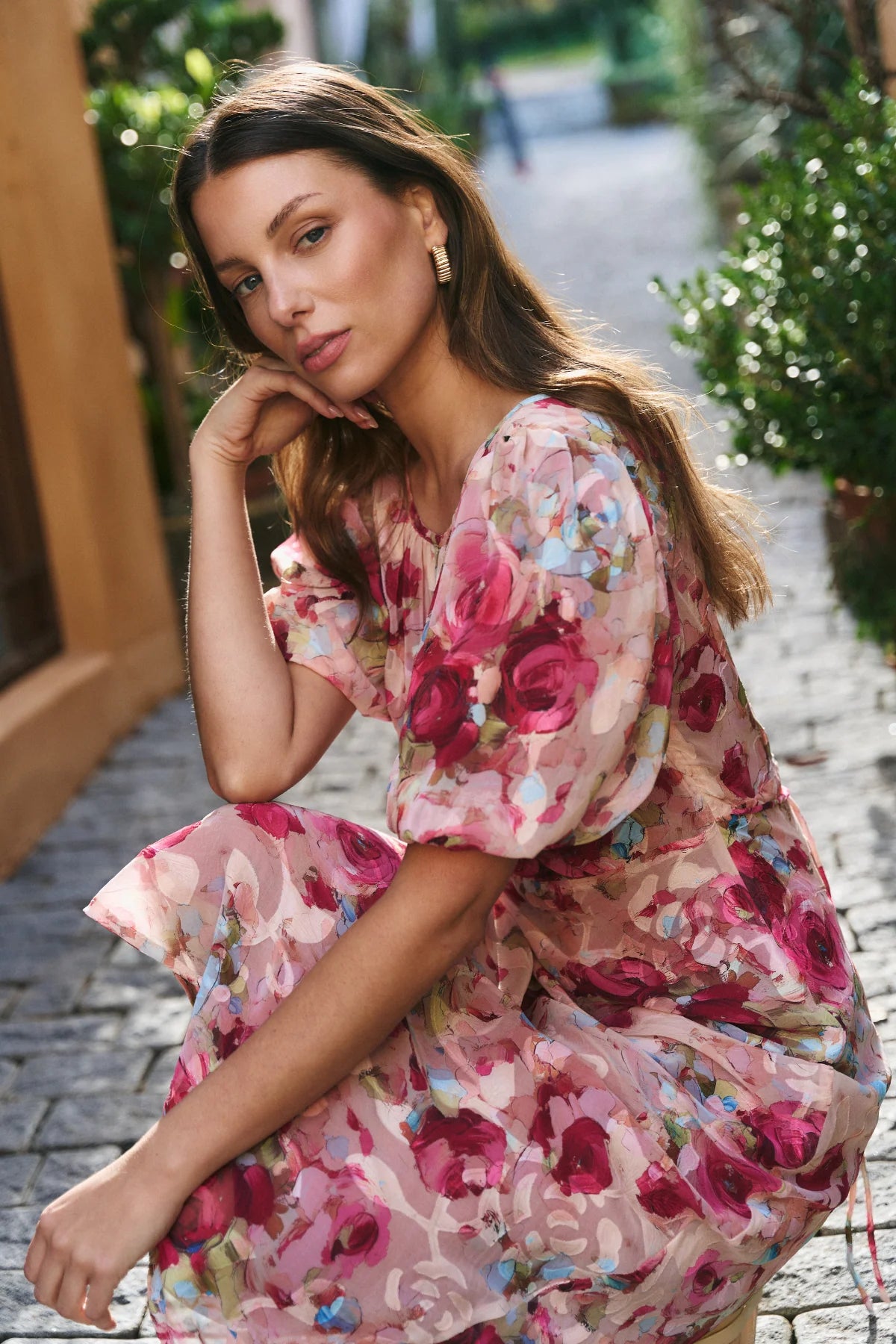 GEORGIA MAE EXQUISITE PAINTED ROSE PUFF SLEEVE MIDI DRESS  - THE VOGUE STORE