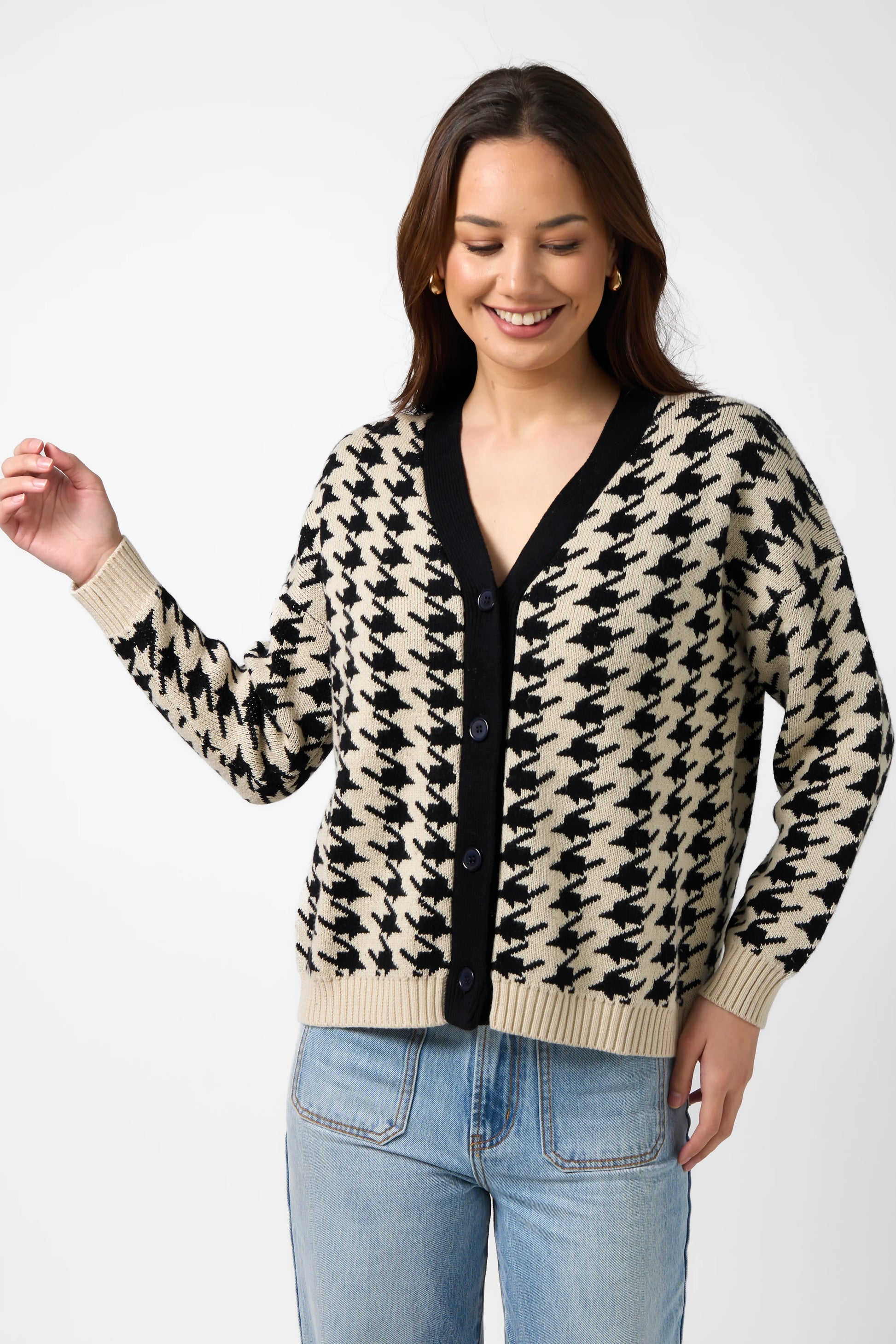 STELLA + GEMMA XANTHE CARDIGAN HOUNDSTOOTH - BLACK TEA - THE VOGUE STORE