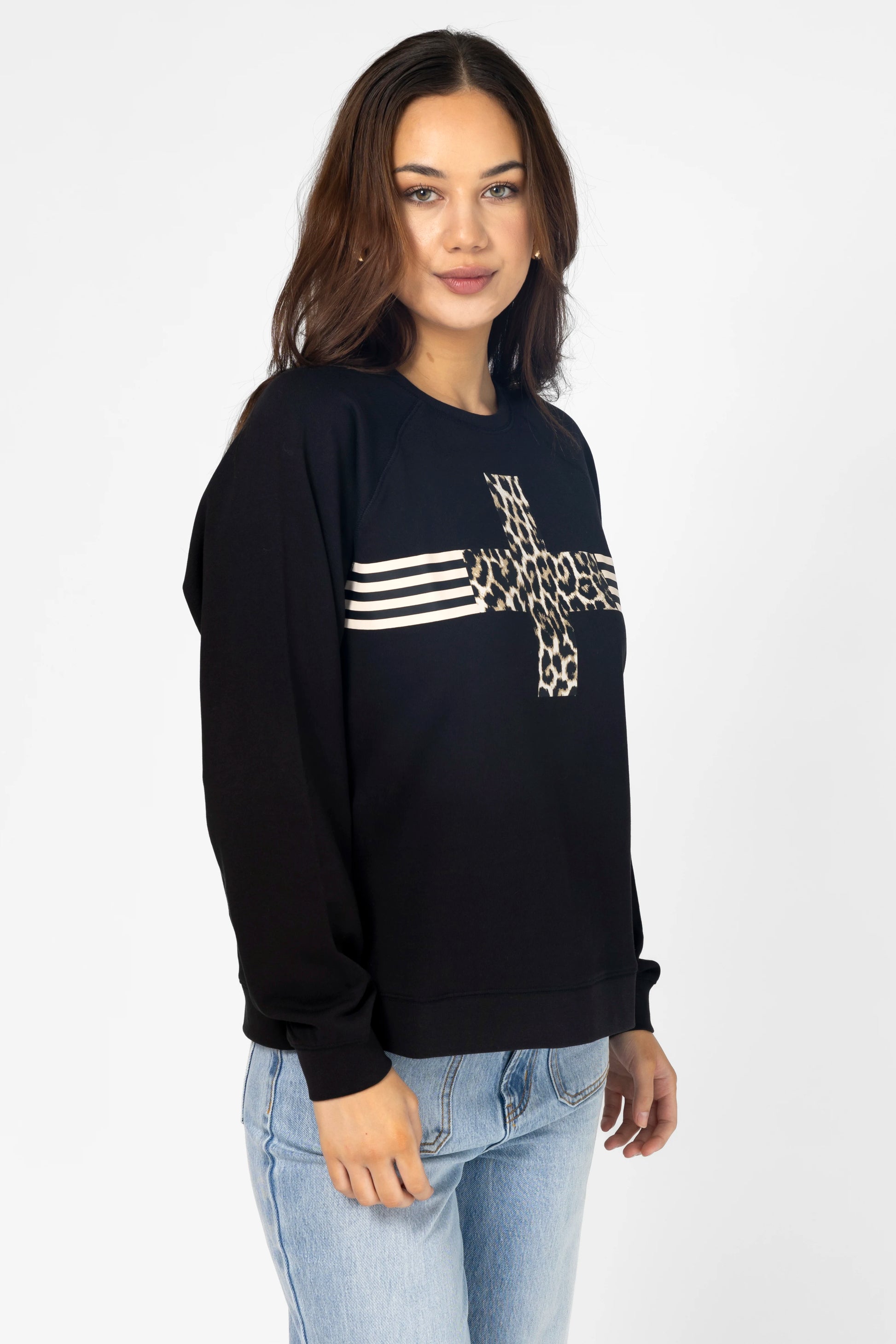 STELLA + GEMMA EVERYDAY SWEATER - BLACK LEOPARD CROSS STRIPES - THE VOGUE STORE