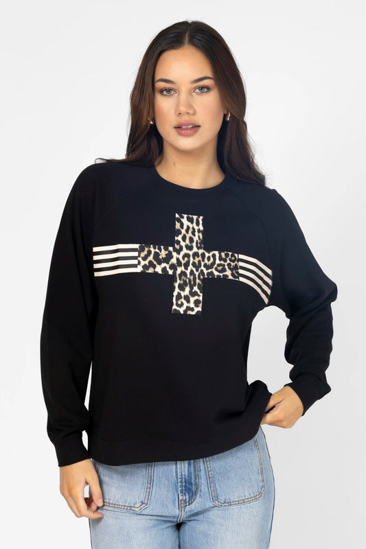STELLA + GEMMA EVERYDAY SWEATER - BLACK LEOPARD CROSS STRIPES - THE VOGUE STORE