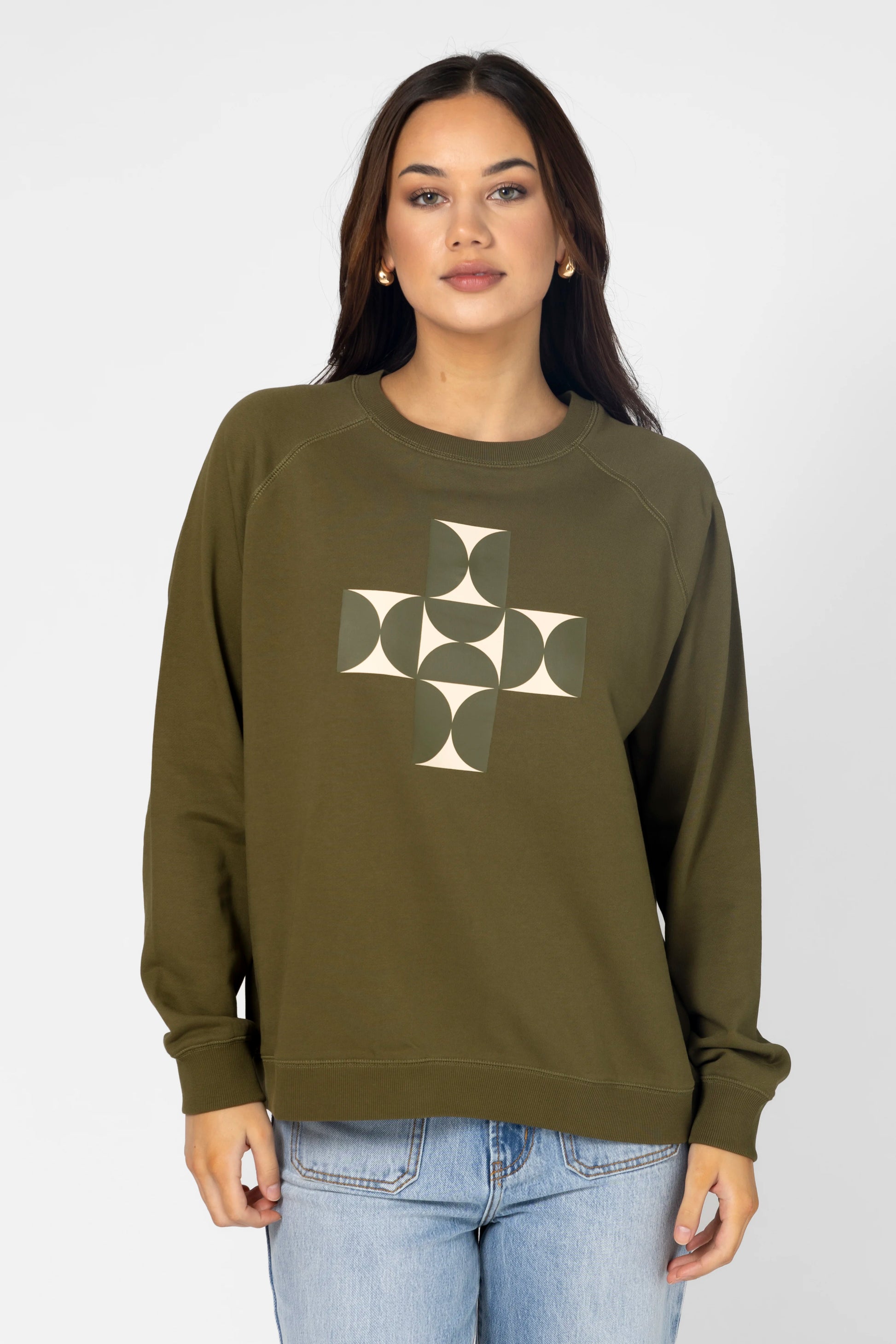 STELLA + GEMMA CLASSIC SWEATER - OLIVE MOSAIC CROSS - THE VOGUE STORE