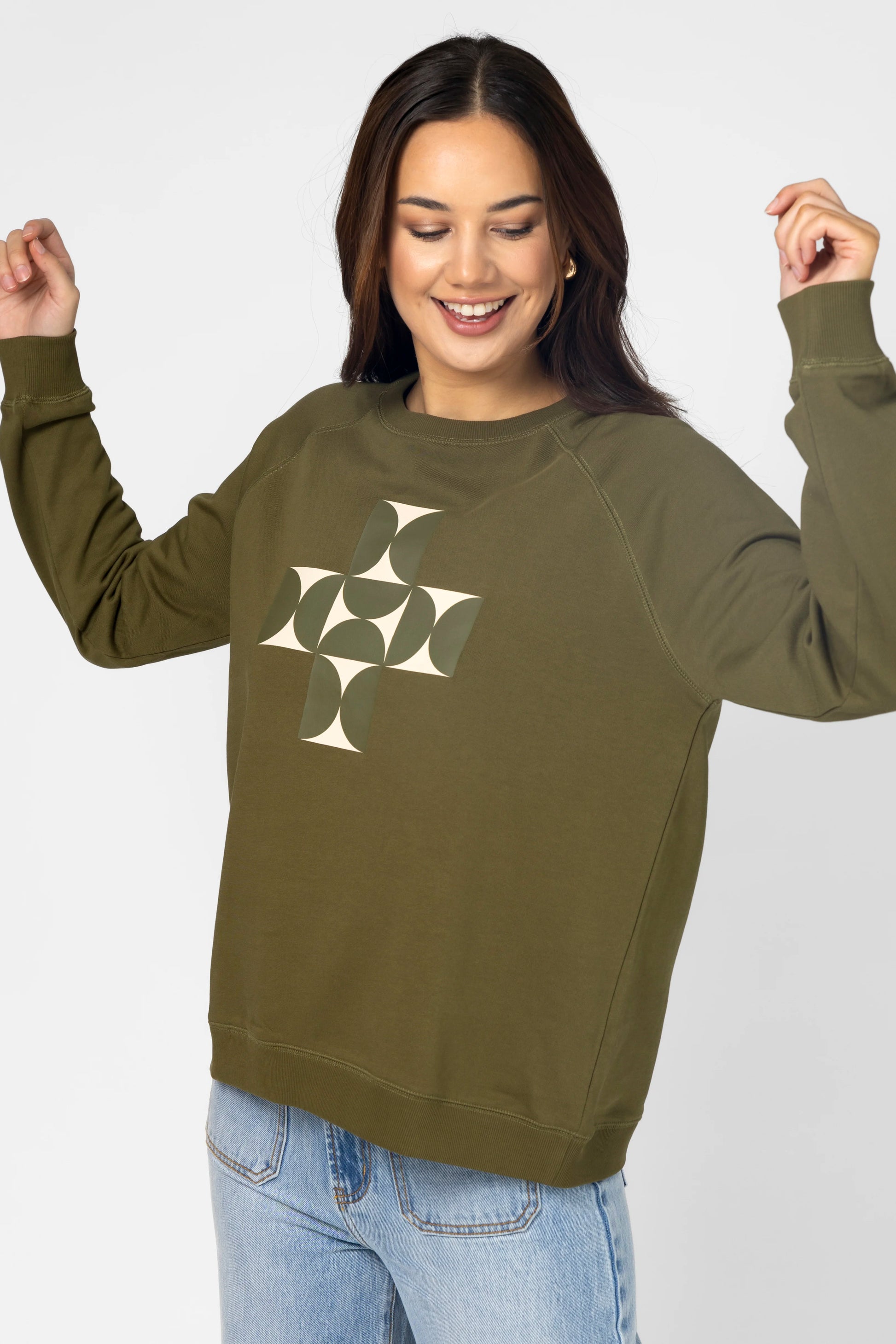 STELLA + GEMMA CLASSIC SWEATER - OLIVE MOSAIC CROSS - THE VOGUE STORE