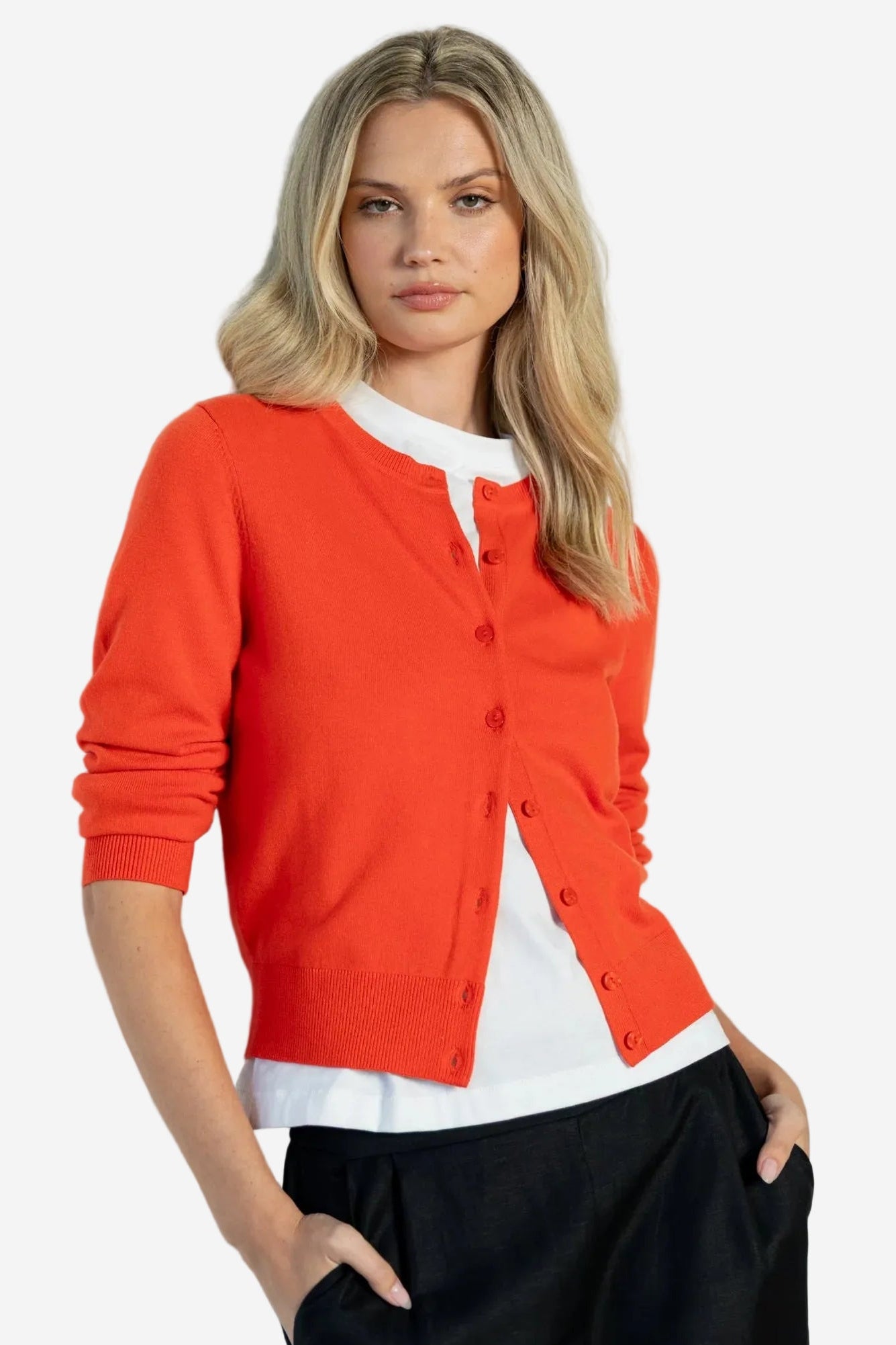 STORIES BE TOLD AUTOGRAPH BLOOD ORANGE CREWNECK CARDIGAN - THE VOGUE STORE