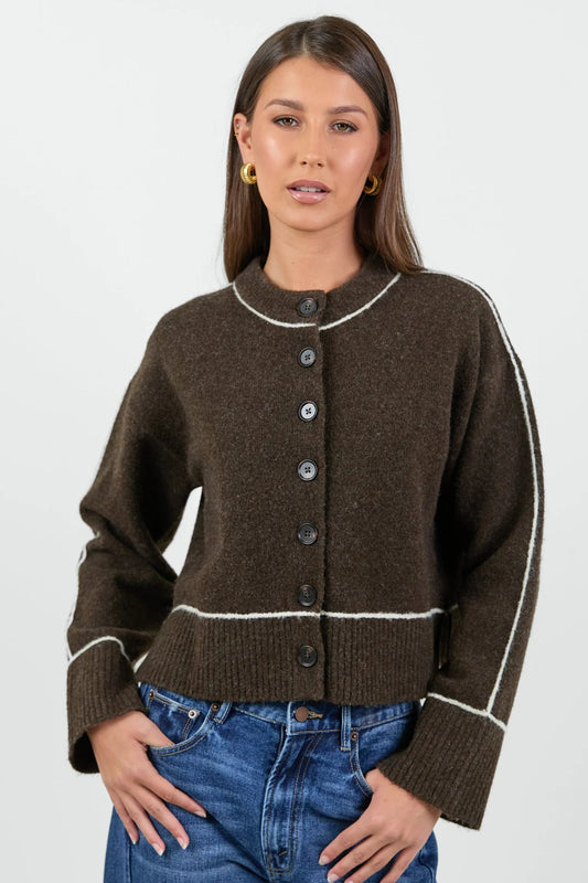 STORIES BE TOLD HABITUAL CHOCOLATE CREWNECK CARDIGAN - THE VOGUE STORE