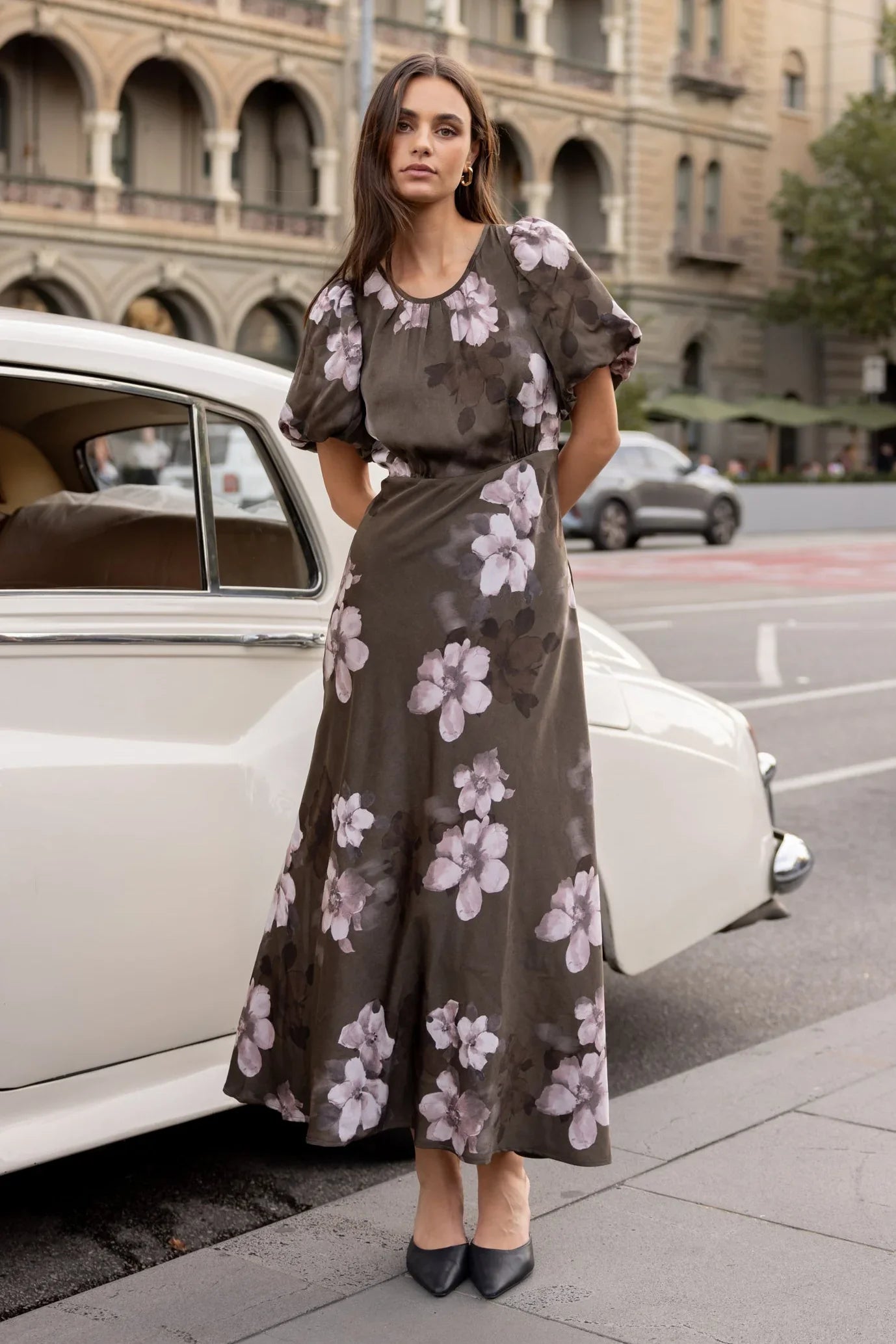 STORIES BE TOLD STAGE COCOA BLOSSOM FLORAL SATIN MAXI DRESS - THE VOGUE STORE