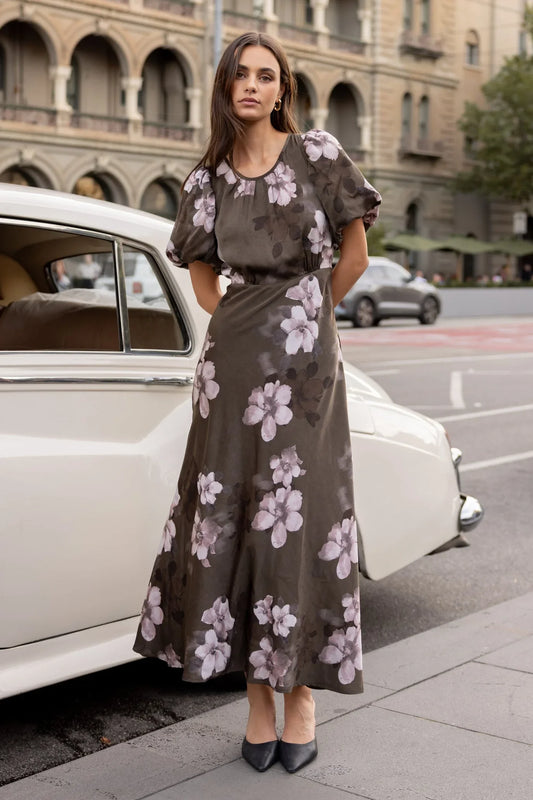 STORIES BE TOLD STAGE COCOA BLOSSOM FLORAL SATIN MAXI DRESS - THE VOGUE STORE
