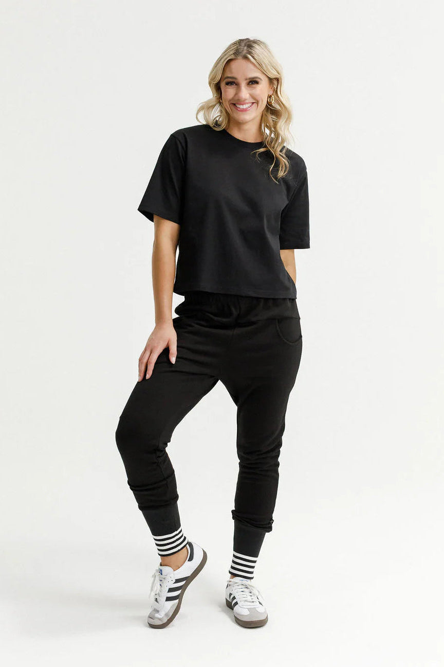 HOMELEE ALPINE APARTMENT PANTS - BLACK/SILVER X STRIPED CUFFS - THE VOGUE STORE