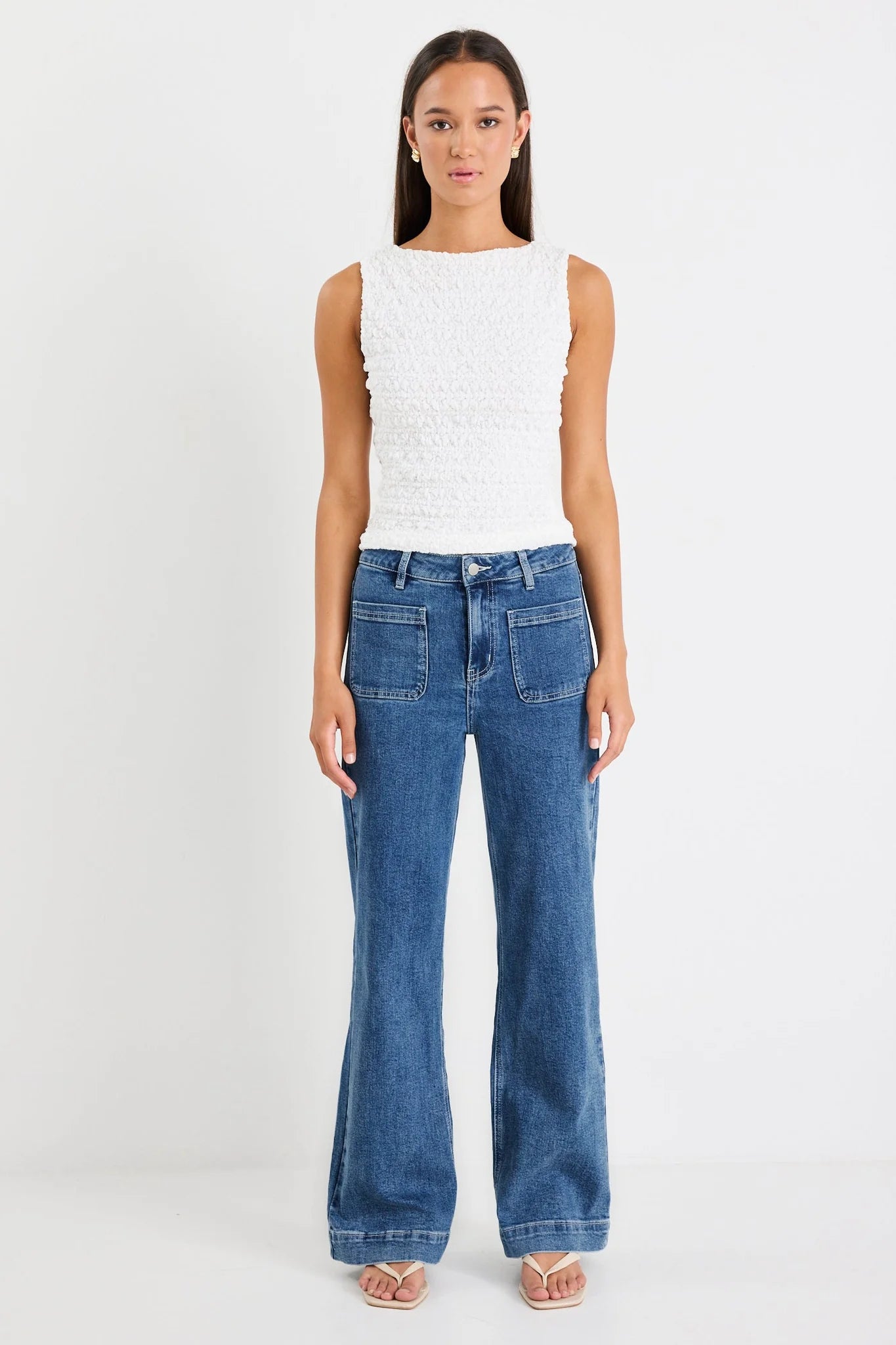 AMONG THE BRAVE ZOEY MINERAL BLUE HIGH RISE WIDE LEG POCKET JEAN - THE VOGUE STORE