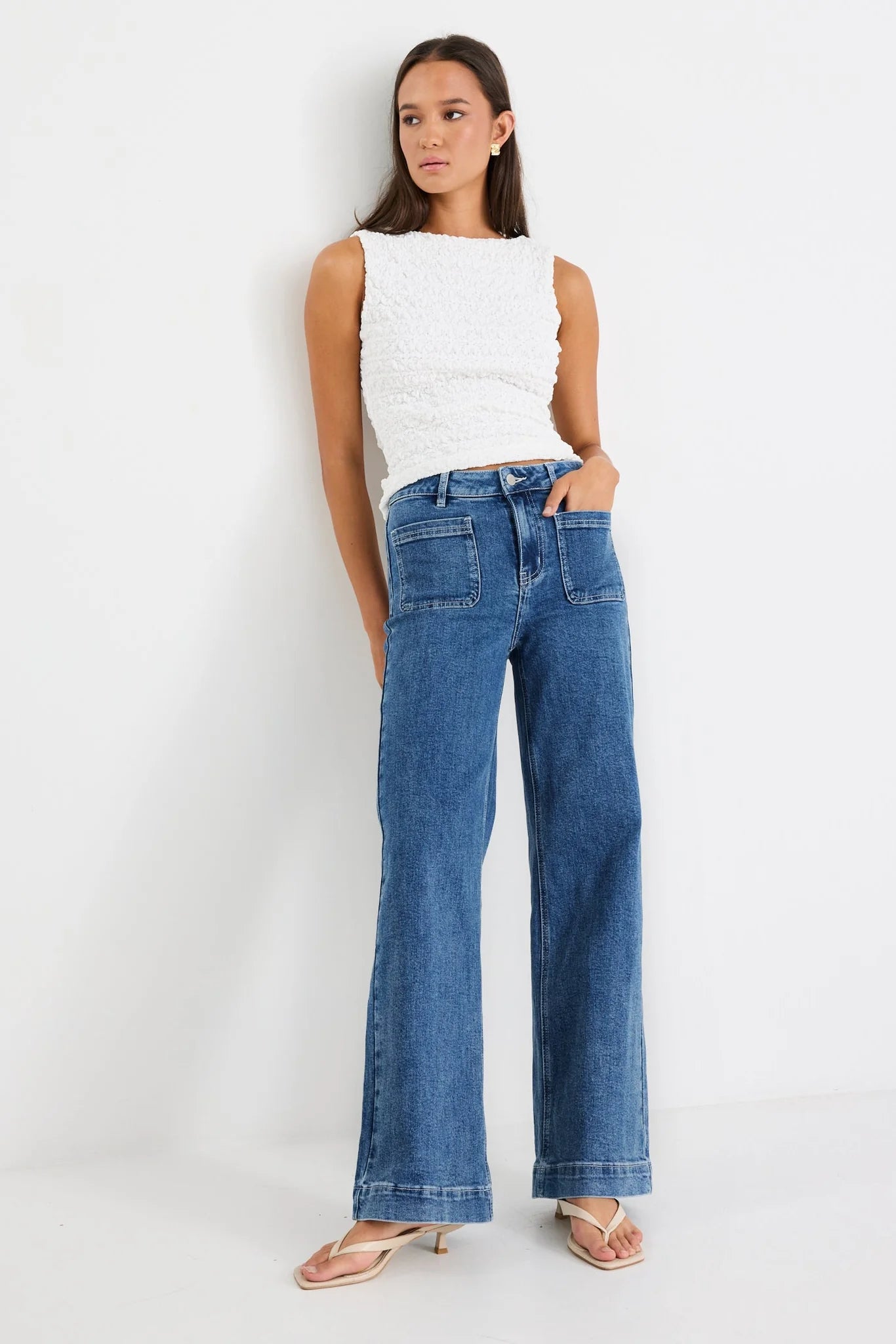AMONG THE BRAVE ZOEY MINERAL BLUE HIGH RISE WIDE LEG POCKET JEAN - THE VOGUE STORE