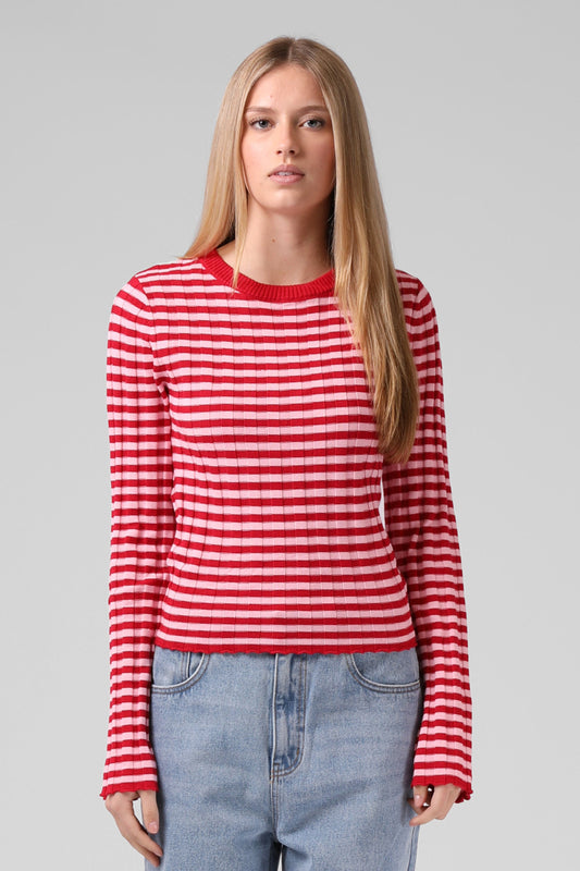RPM STRIPE KNITTED LS TOP - RED - THE VOGUE STORE