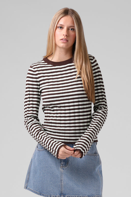 RPM STRIPE KNITTED LS TOP - CHOCOLATE - THE VOGUE STORE