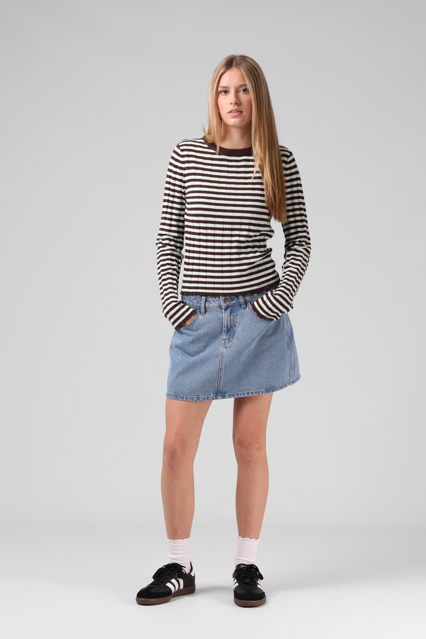 RPM STRIPE KNITTED LS TOP - CHOCOLATE - THE VOGUE STORE