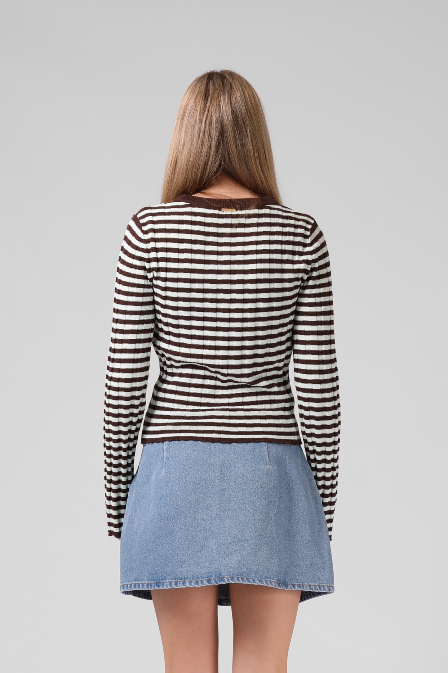 RPM STRIPE KNITTED LS TOP - CHOCOLATE - THE VOGUE STORE