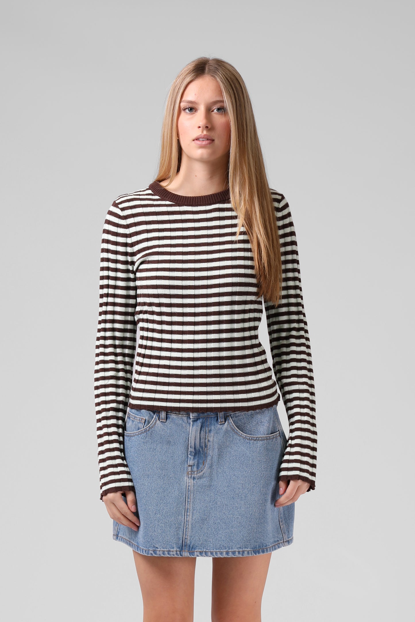 RPM STRIPE KNITTED LS TOP - CHOCOLATE - THE VOGUE STORE