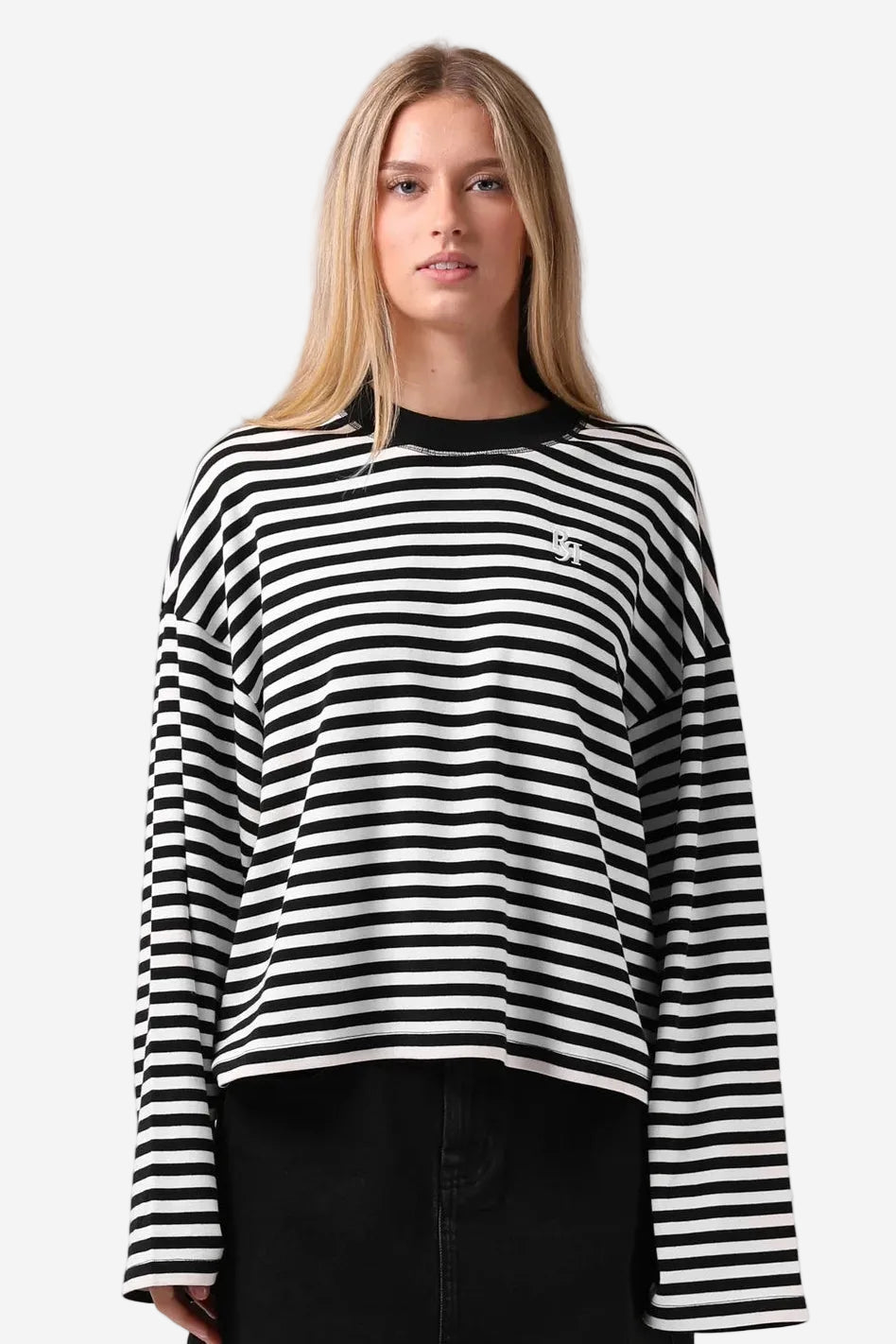 RPM OLIVE LS TEE - BW STRIPE - THE VOGUE STORE