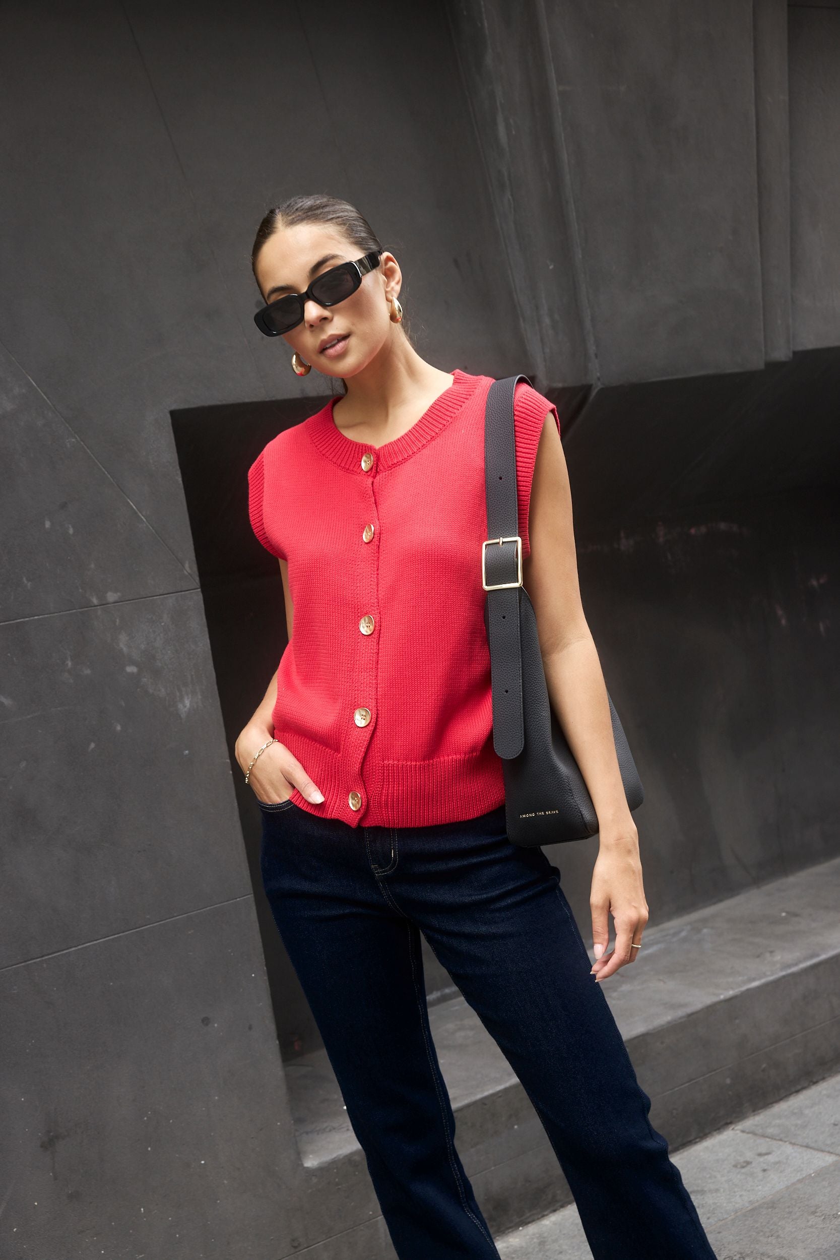 STORIES TO BE TOLD TRAIT CHERRY CREW NECK KNITTED VEST TOP - THE VOGUE STORE