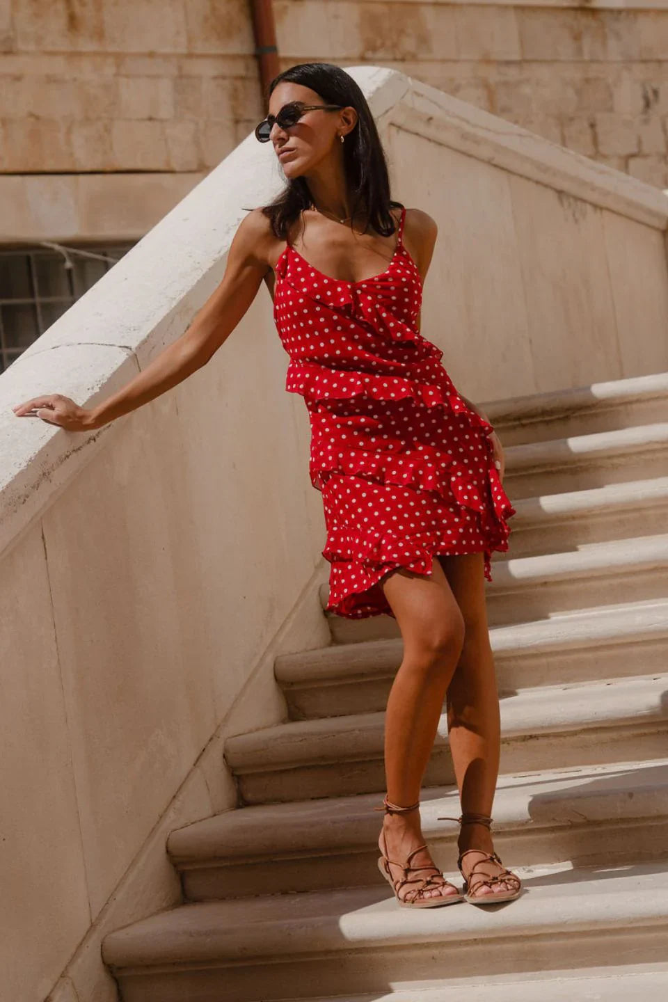 GEORGIA ZOE PASSION CHERRY DITSY POLKA DOT BIAS RUFFLE MINI SLIP DRESS - THE VOGUE STORE