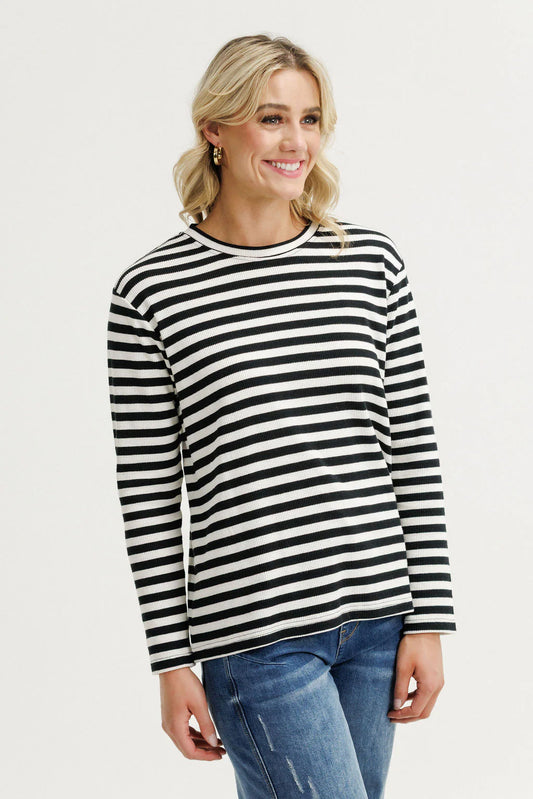 HOMELEE L/S CHRIS TEE - BLACK & WHITE WAFFLE STRIPES - THE VOGUE STORE