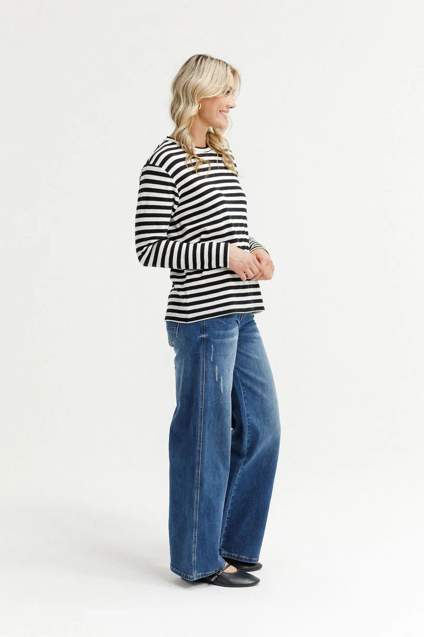 HOMELEE L/S CHRIS TEE - BLACK & WHITE WAFFLE STRIPES - THE VOGUE STORE