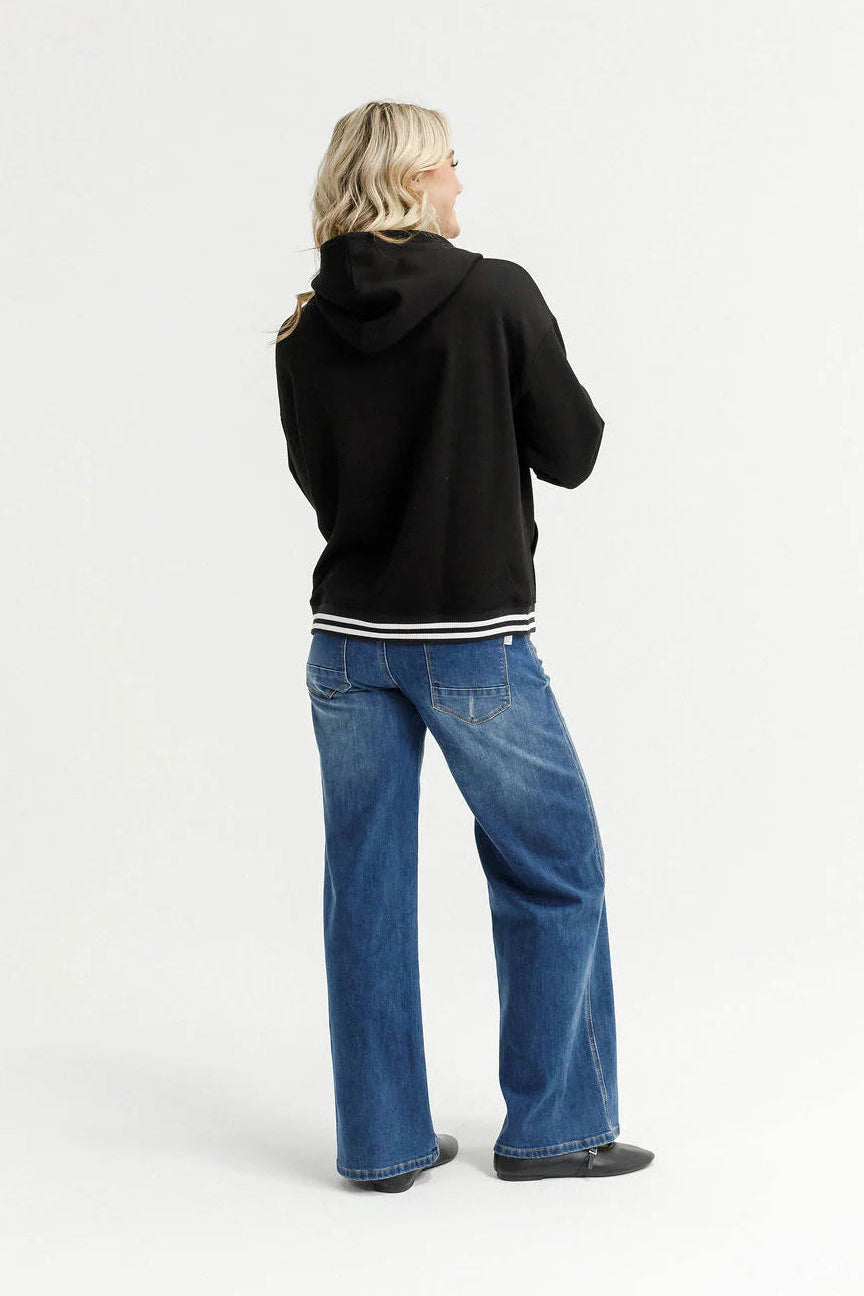 HOMELEE ELLIOT HOODIE - ALPINE WEIGHT BLACK /SILVER X STRIPE CUFFS - THE VOGUE STORE