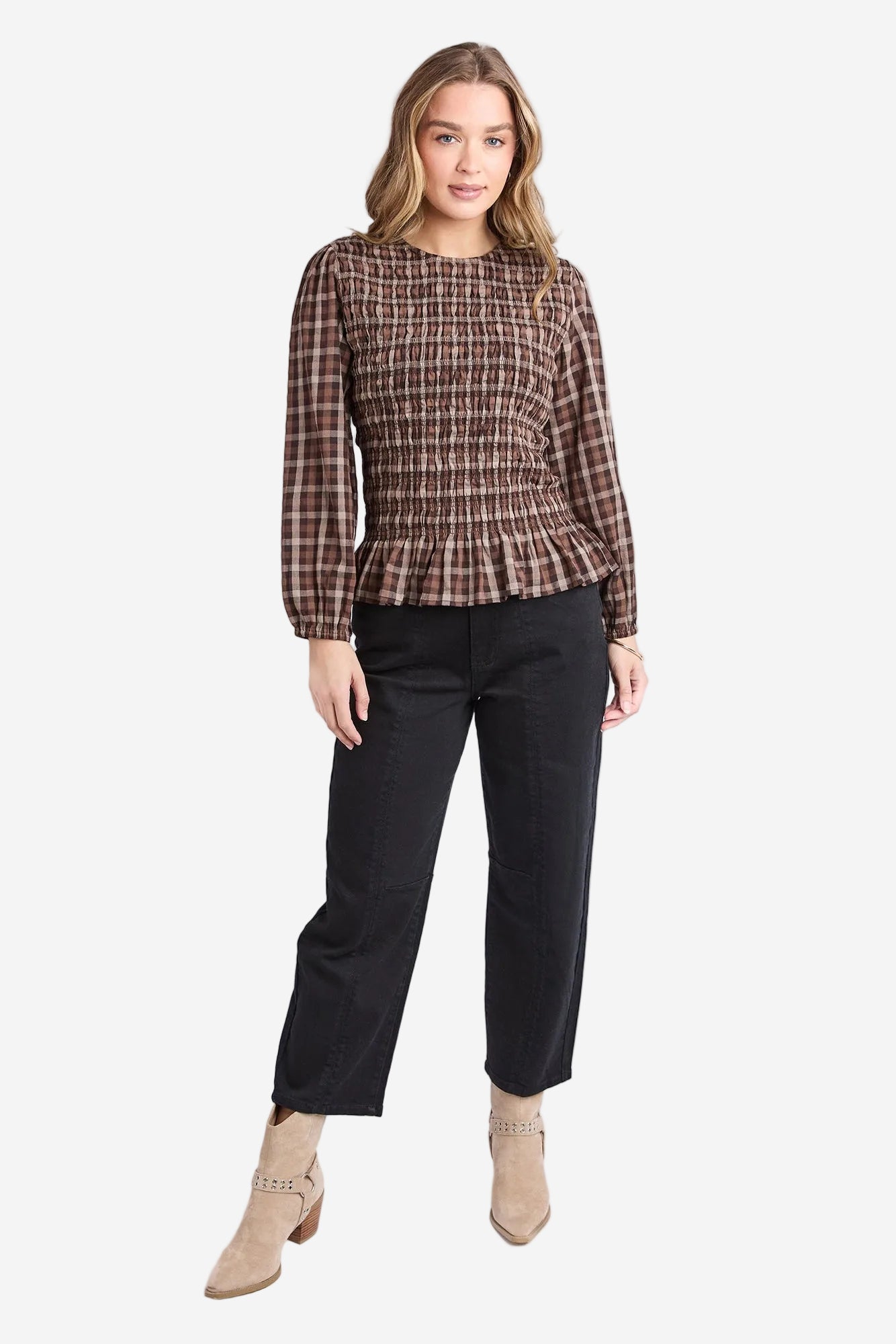 FOXWOOD COCO CHECK TOP - COFFEE CHECK - THE VOGUE STORE