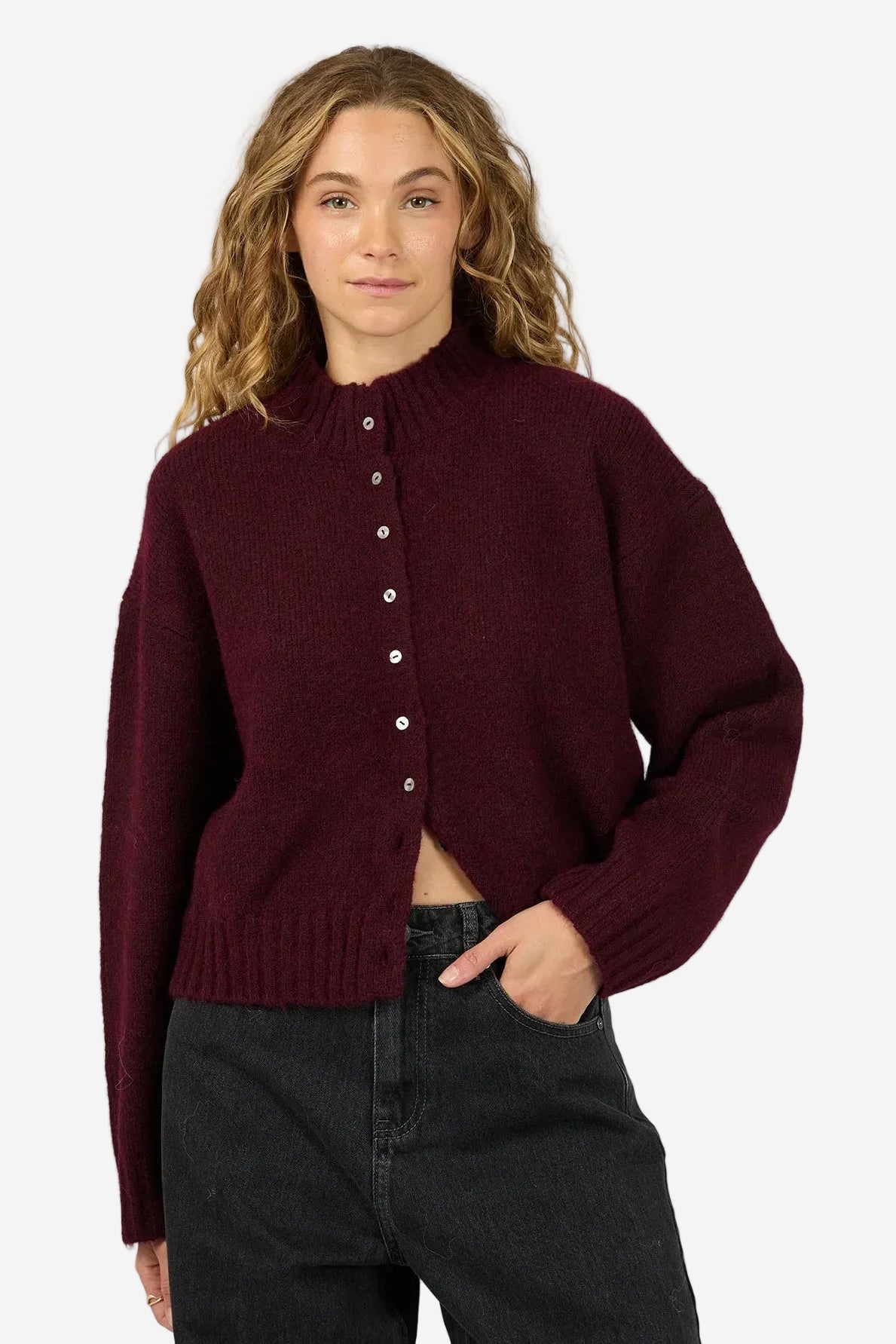ALL ABOUT EVE ROSALIA CARDIGAN - WINE- THE VOGUE STORE