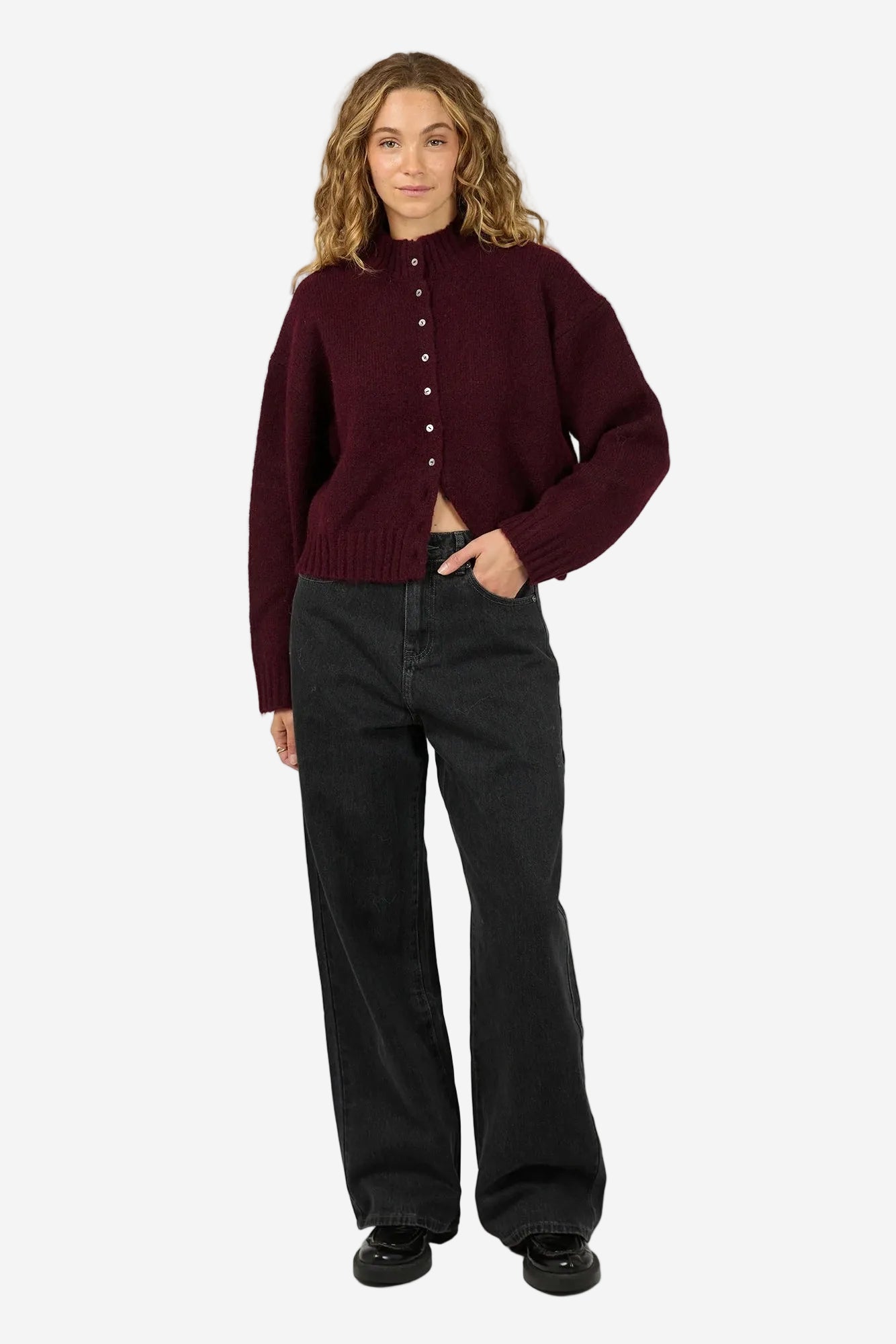 ALL ABOUT EVE ROSALIA CARDIGAN - WINE- THE VOGUE STORE
