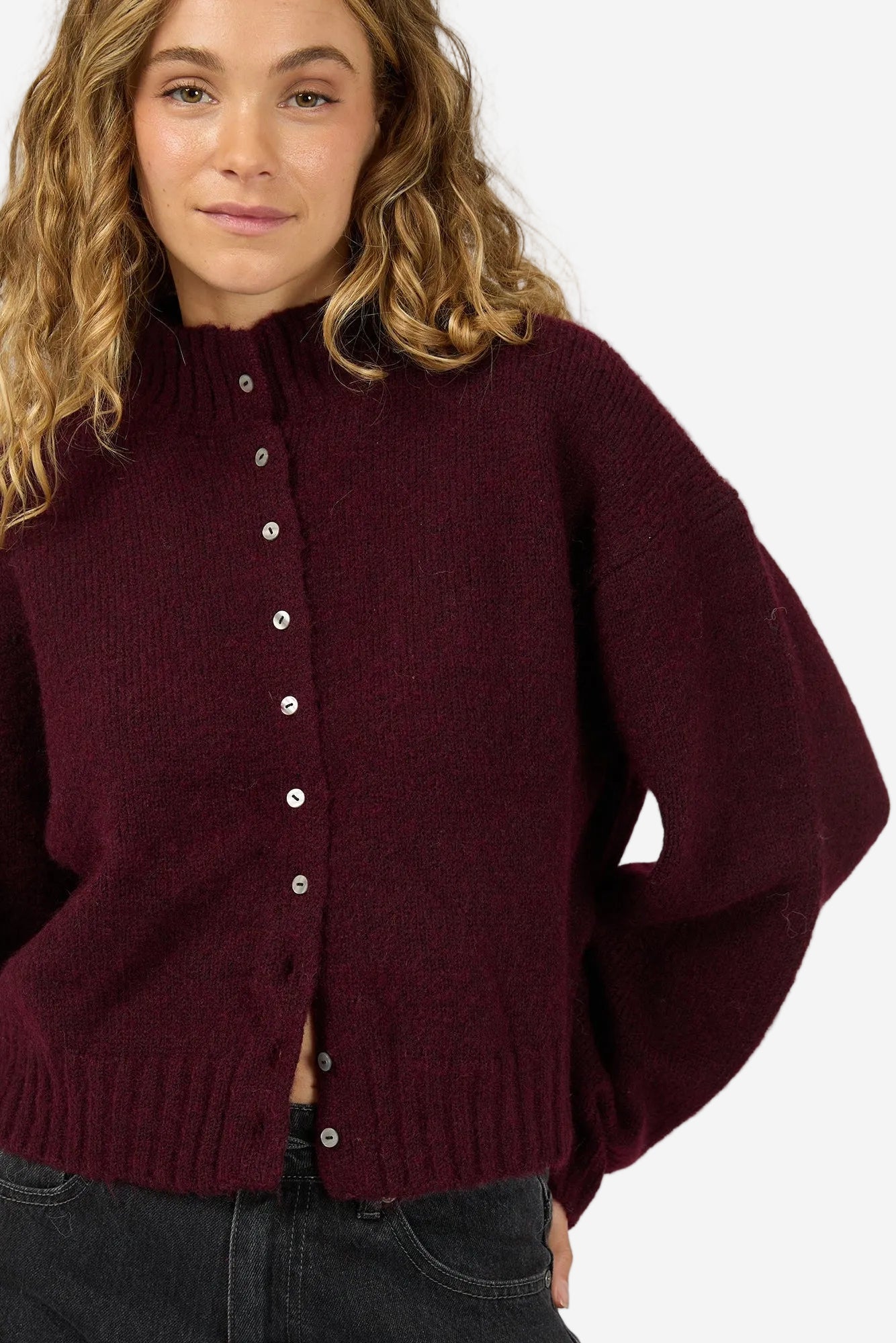 ALL ABOUT EVE ROSALIA CARDIGAN - WINE- THE VOGUE STORE