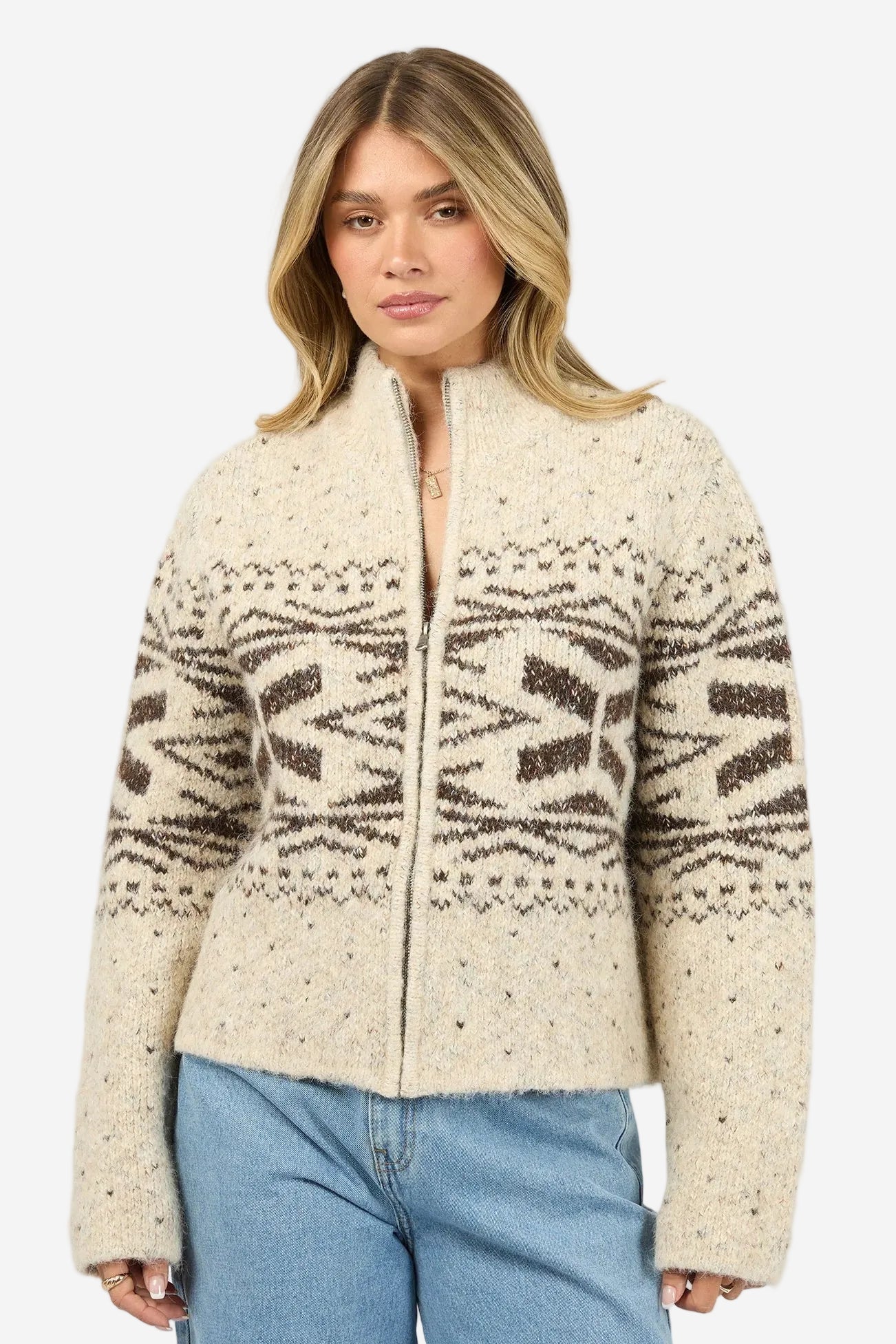 ALL ABOUT EVE ZOE KNIT ZIP THROUGH - OAT - THE VOGUE STORE
