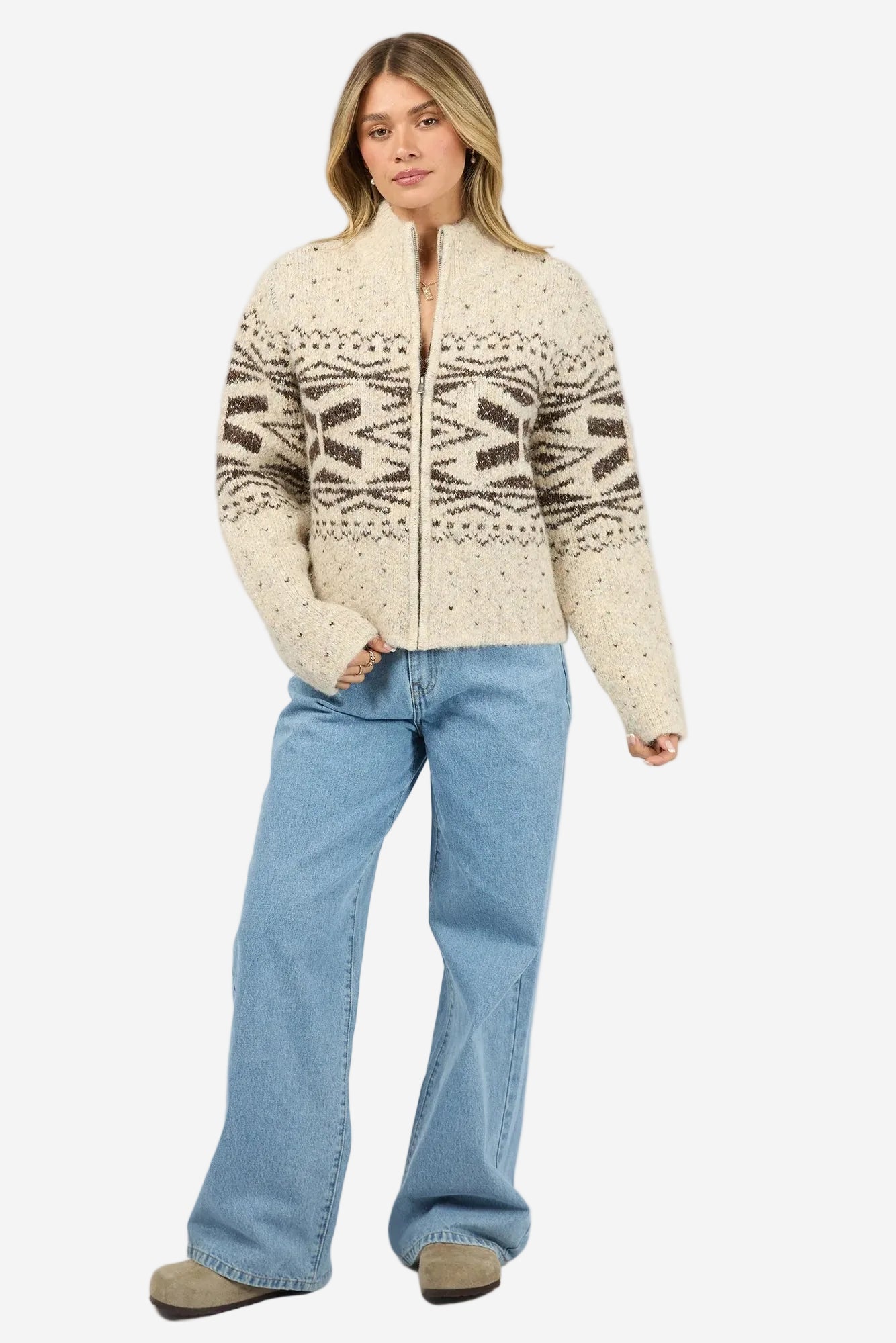 ALL ABOUT EVE ZOE KNIT ZIP THROUGH - OAT - THE VOGUE STORE
