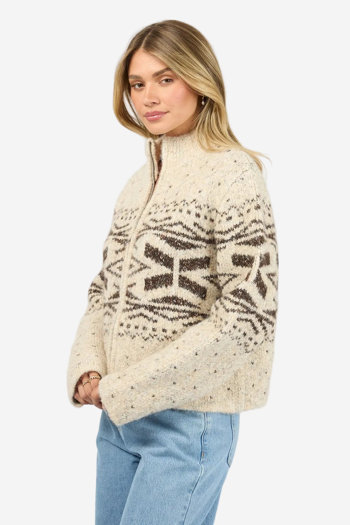 ALL ABOUT EVE ZOE KNIT ZIP THROUGH - OAT - THE VOGUE STORE