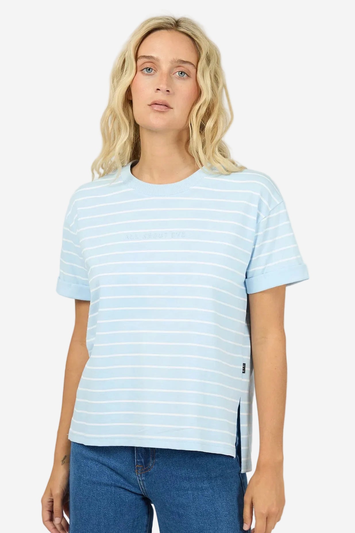 ALL ABOUT EVE WASHED STRIPE TEE - OCEAN BLUE - THE VOGUE STORE