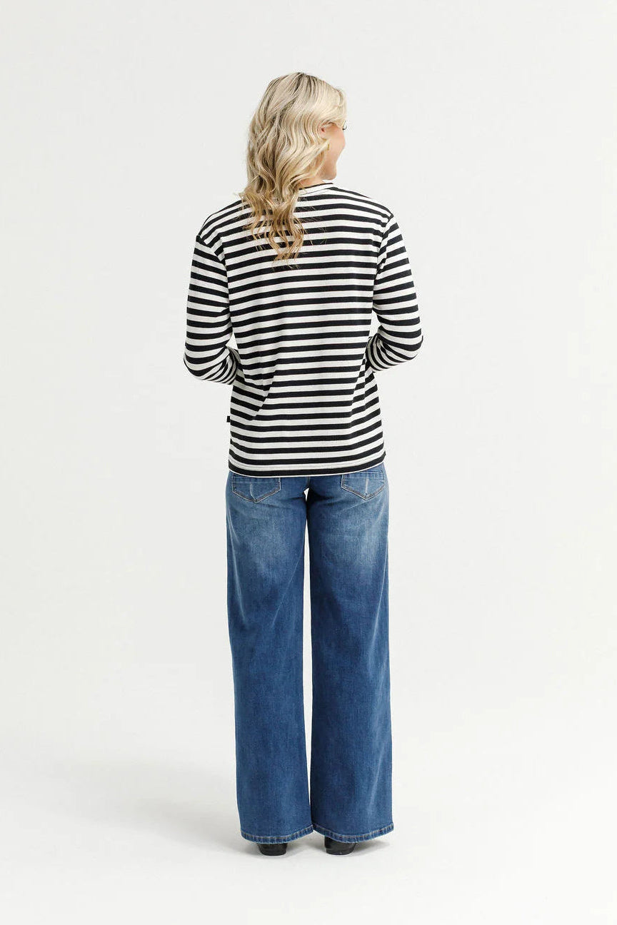 HOMELEE L/S CHRIS TEE - BLACK & WHITE WAFFLE STRIPES - THE VOGUE STORE