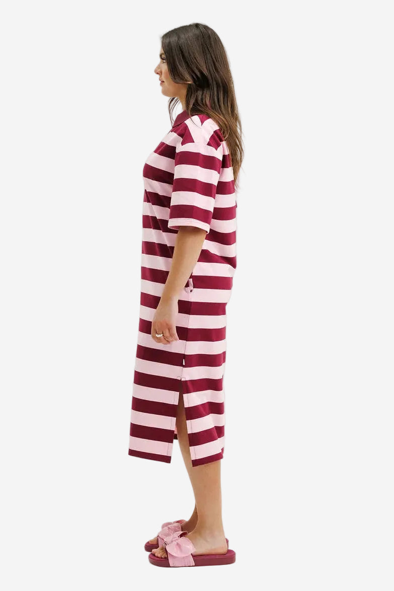 HOMELEE ADELA DRESS - MERLOT & BLUSH STRIPE - THE VOGUE STORE