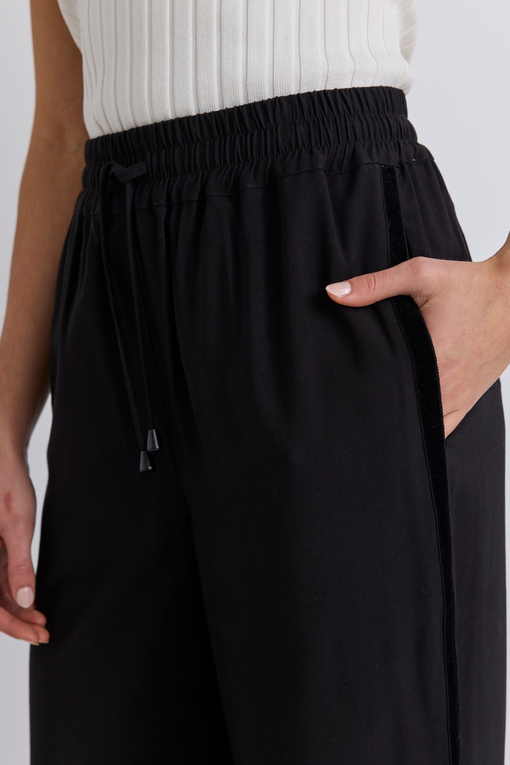 STORIES TO BE TOLD TOWNIE ONYX VELVET STRIPE SIDE WIDE LEG PANTS - THE VOGUE STORE
