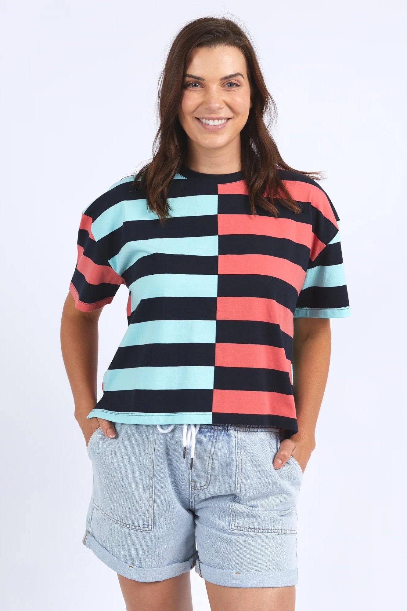 ELM SHELTER SPLICE TEE - WATERMELON/BLUE STRIPE - THE VOGUE STORE